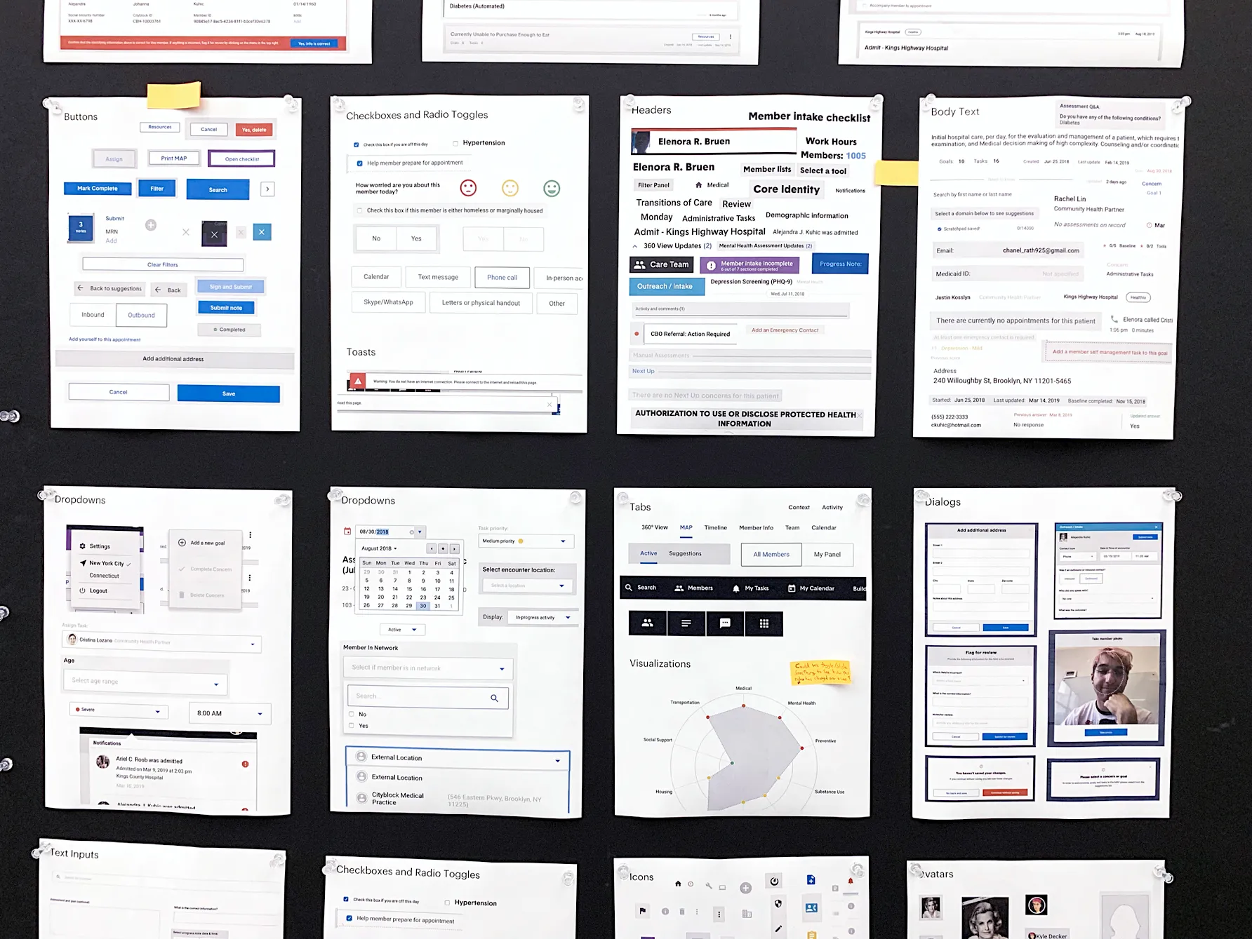 A black foam board with several sheets of paper pinned to it. Each sheet of
paper displays a component name and a collection of variations on that
component observed in the product.